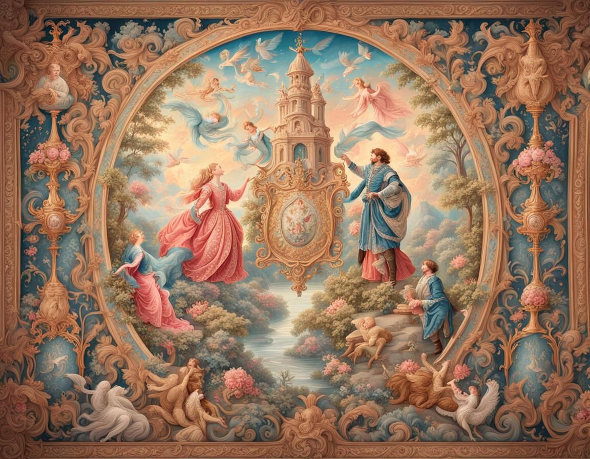 Renaissance Tapestry with Romantic Couple and Magical Aura