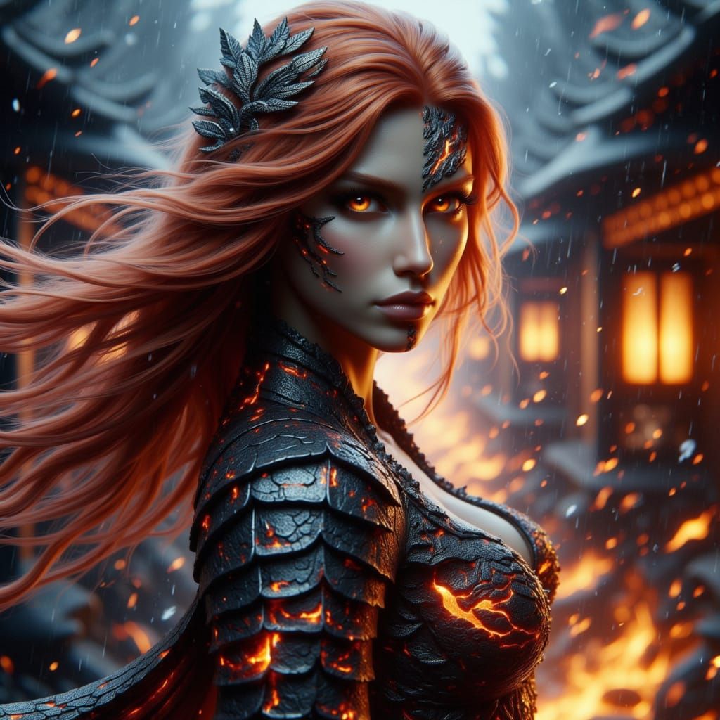 Redhead Samurai Warrior in Rain, 3D Anime Style