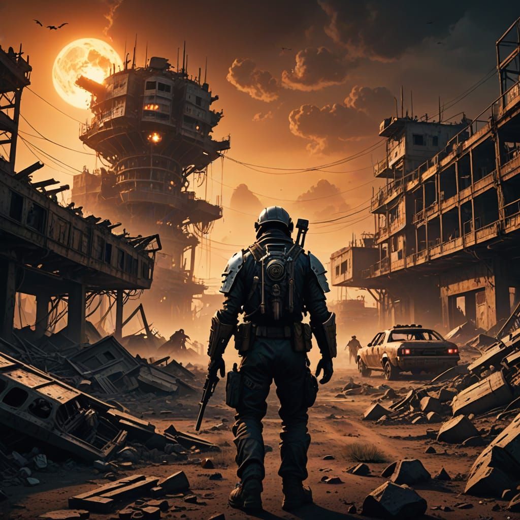 Lone Explorer in Ruined Metropolis