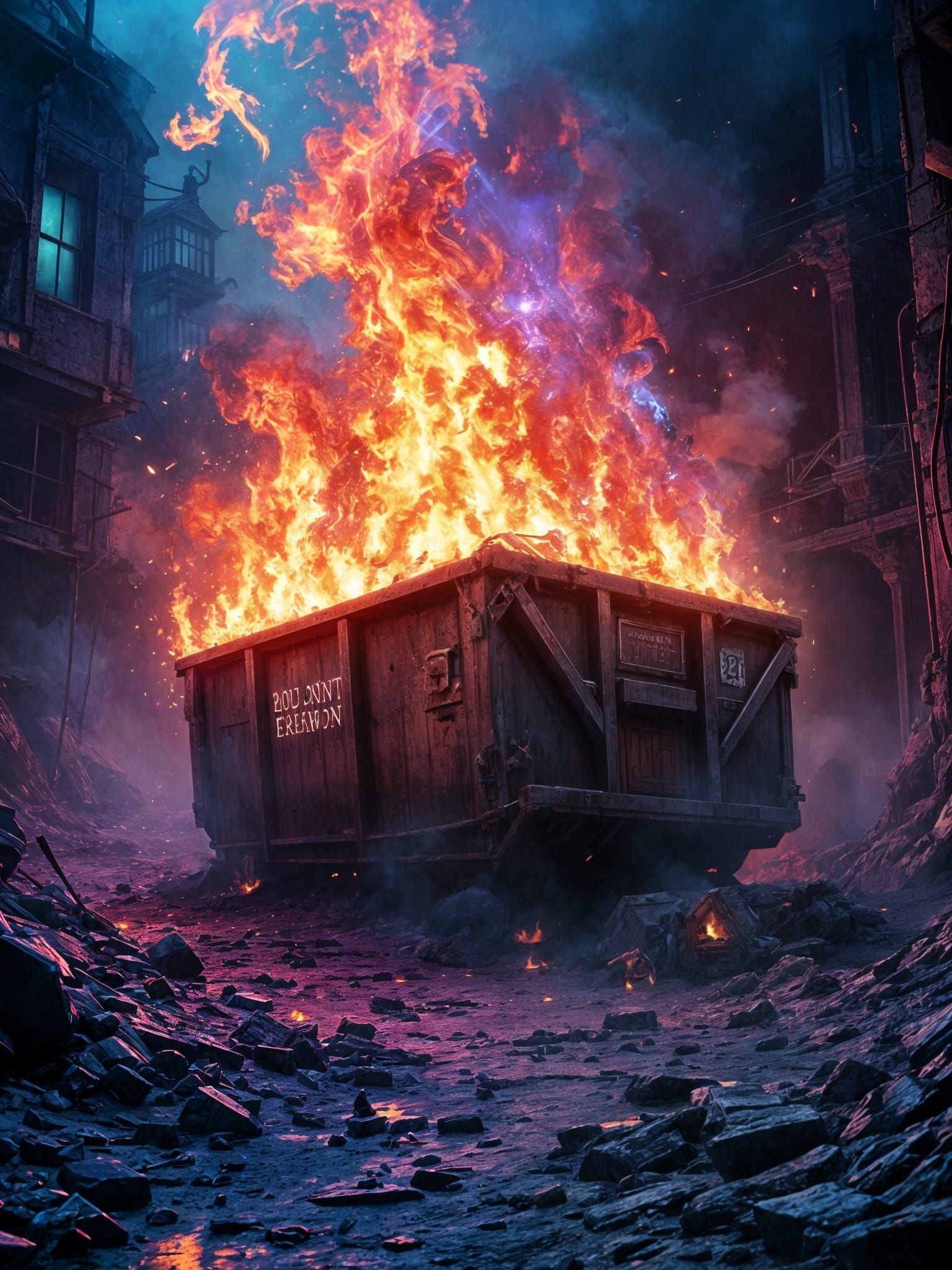 Colorful Dumpster Fire Landscape in Romanticism Style