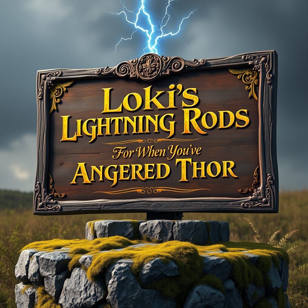 Loki's Lightning Rods Billboard in Rustic Fantasy Style