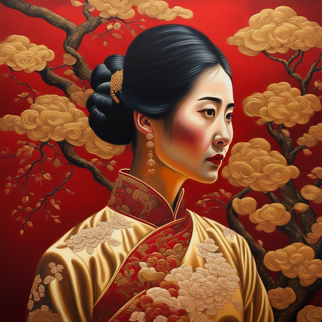 Woman in Golden Qipao: Oil Painting in Klimt Style