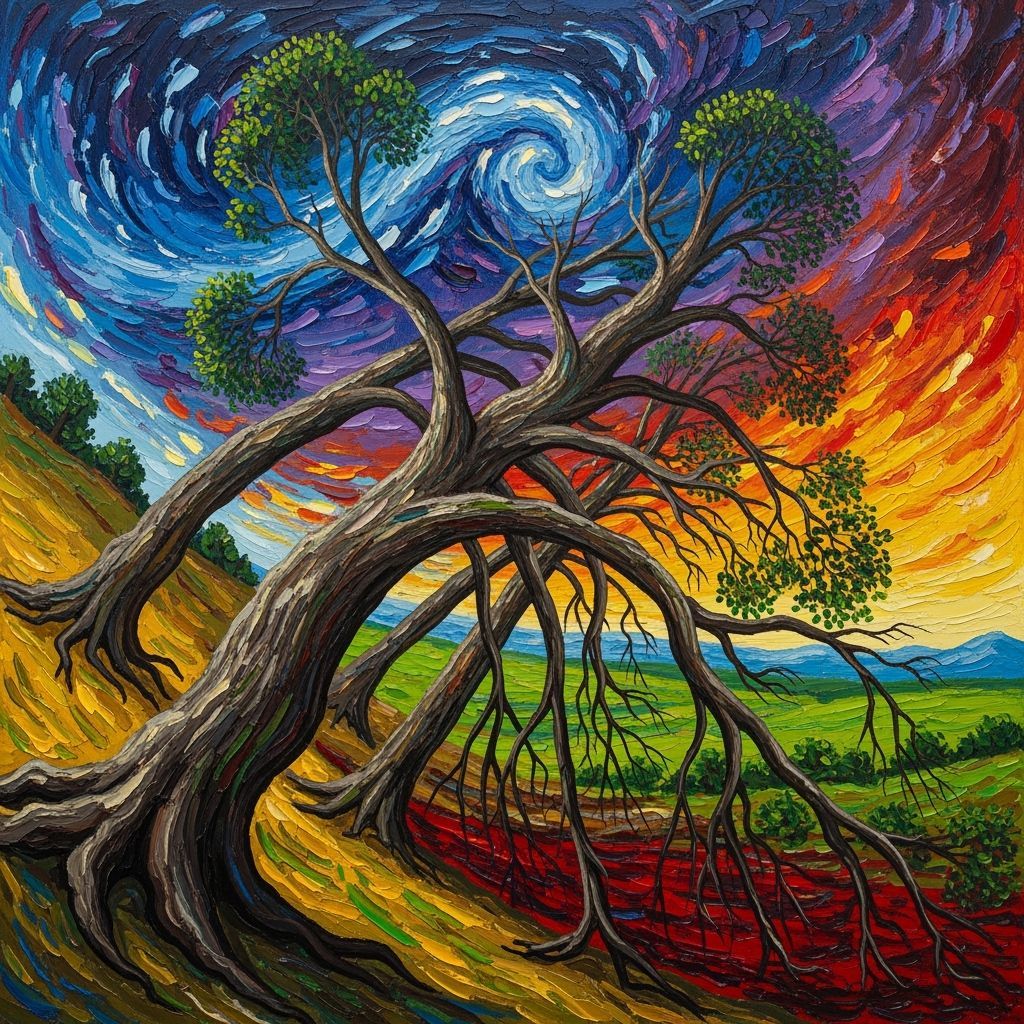 Surreal Tilted Landscape with Swirling Sky in Expressionist ...