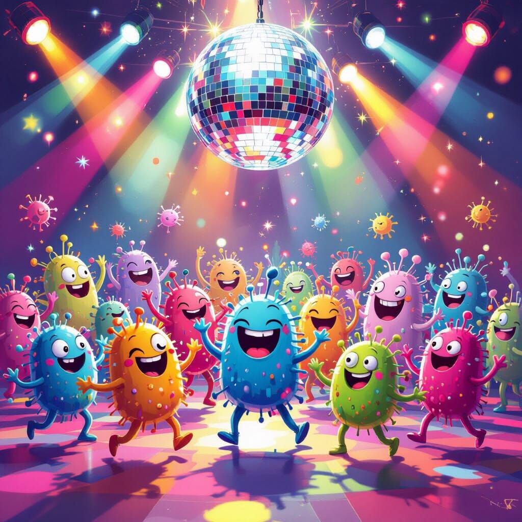 Silly Microbes Dancing at Disco in Bright Colors