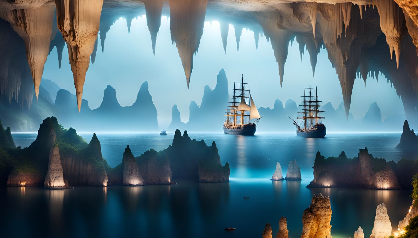Ships Sailing on Subterranean Sea in Massive Cavern