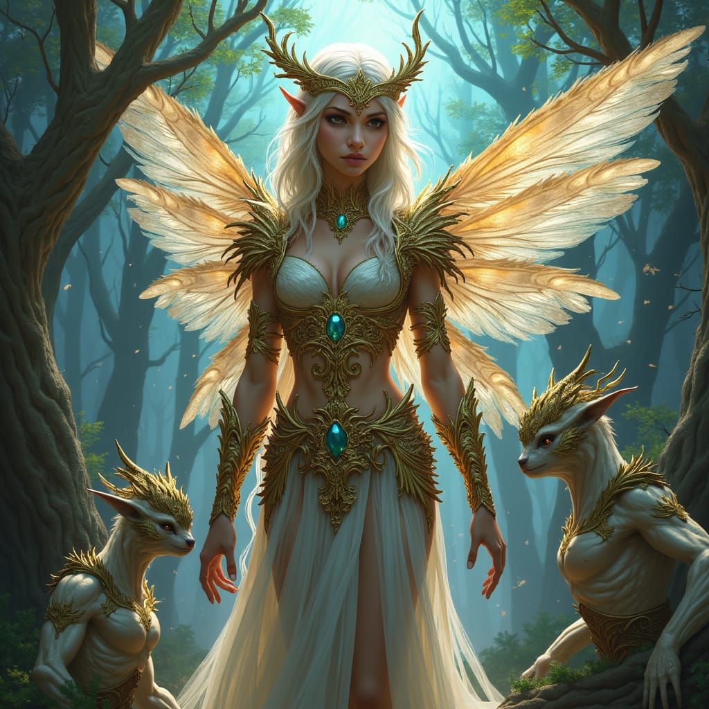 Elven Princess Warrior in Gold Armor with Ents