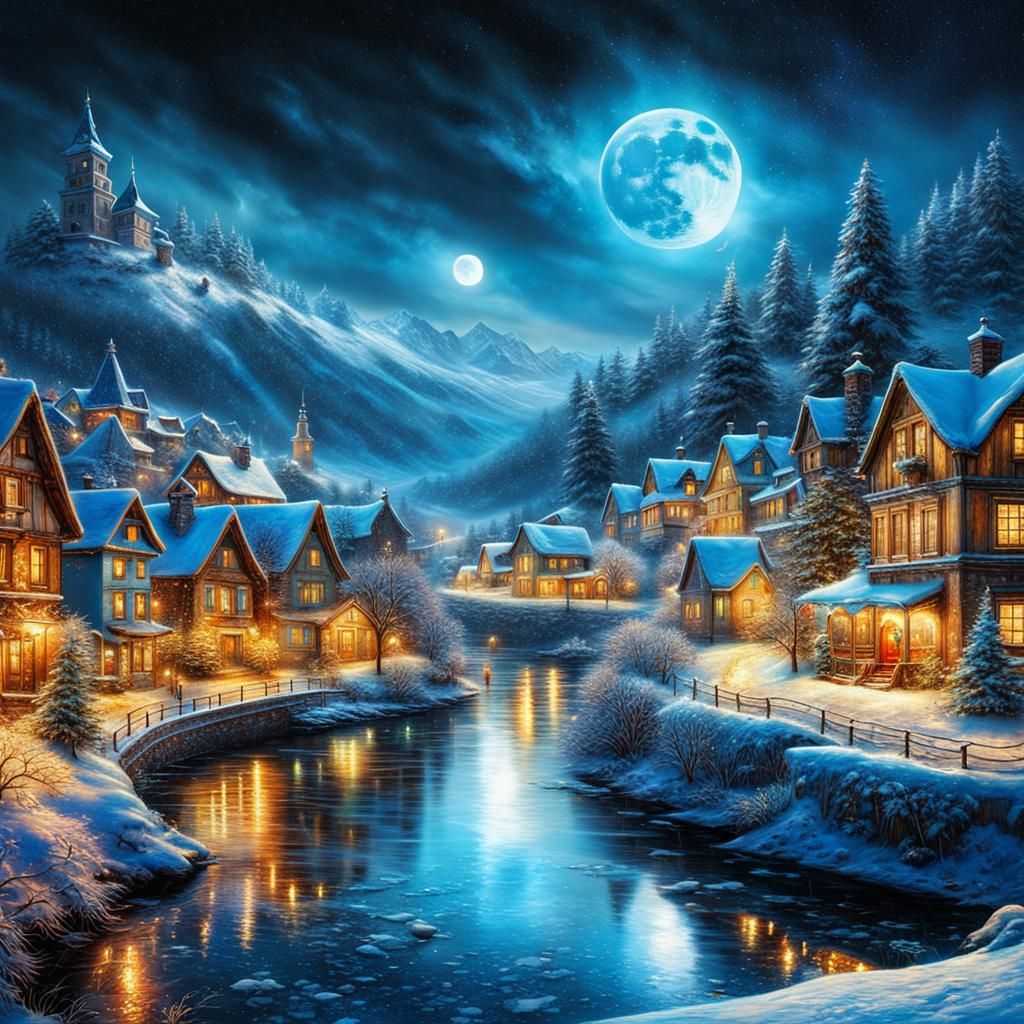 Moonlit Winter Wonderland in Vibrant, Bioluminescent Style