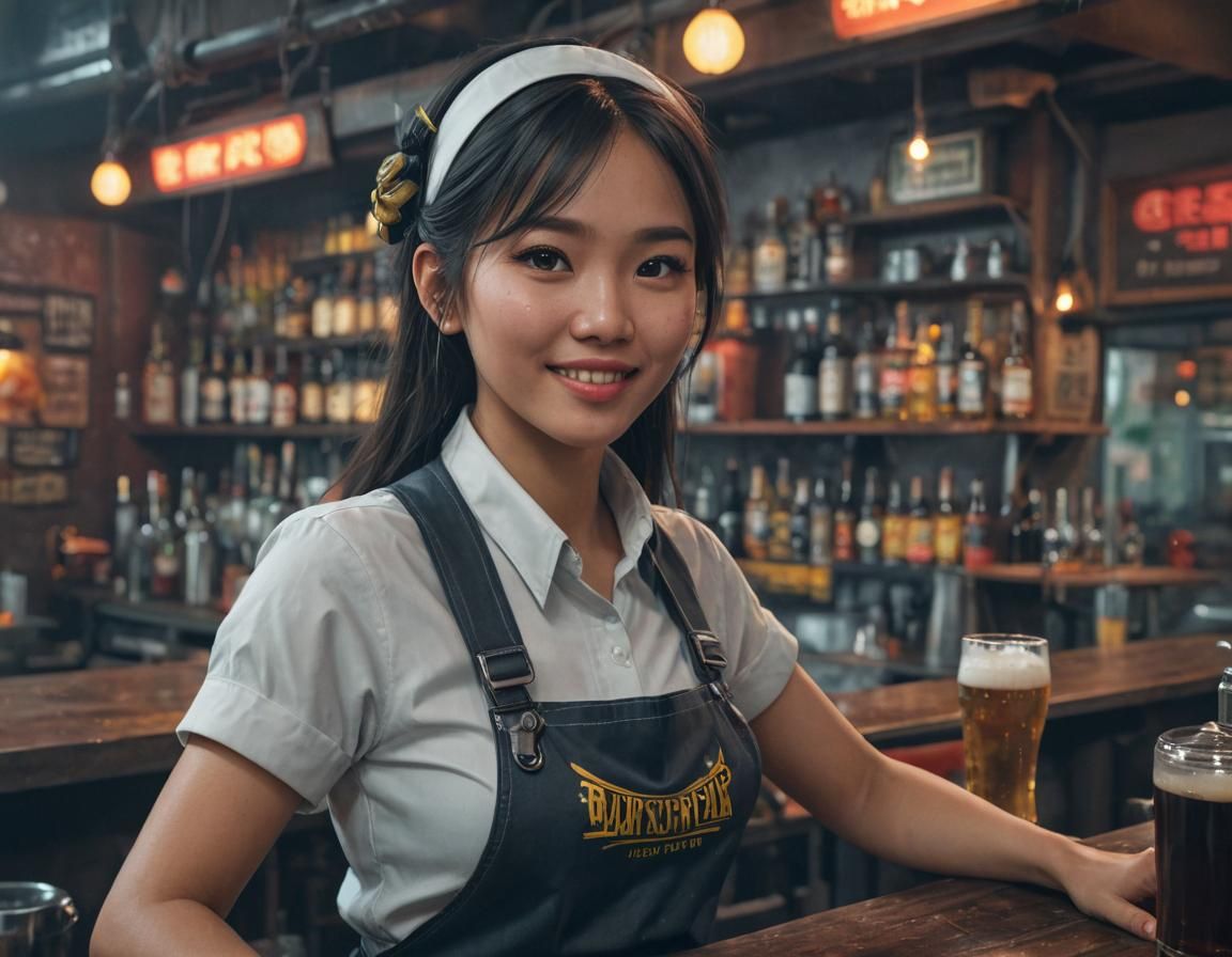 Cheerful Vietnamese Bartender in Cyber Sci-Fi Style