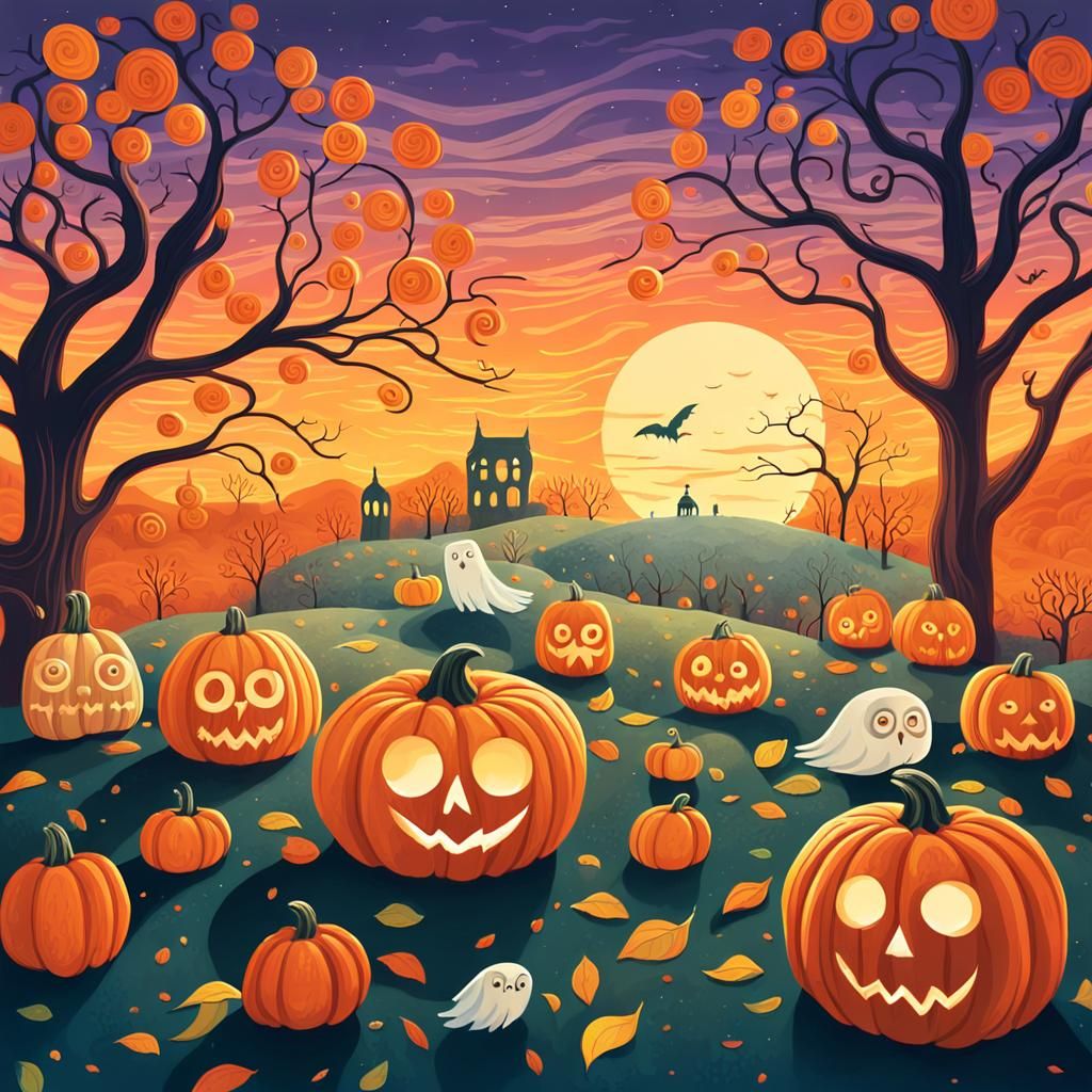 Whimsical Autumn Garden with Pumpkins and Ghosts