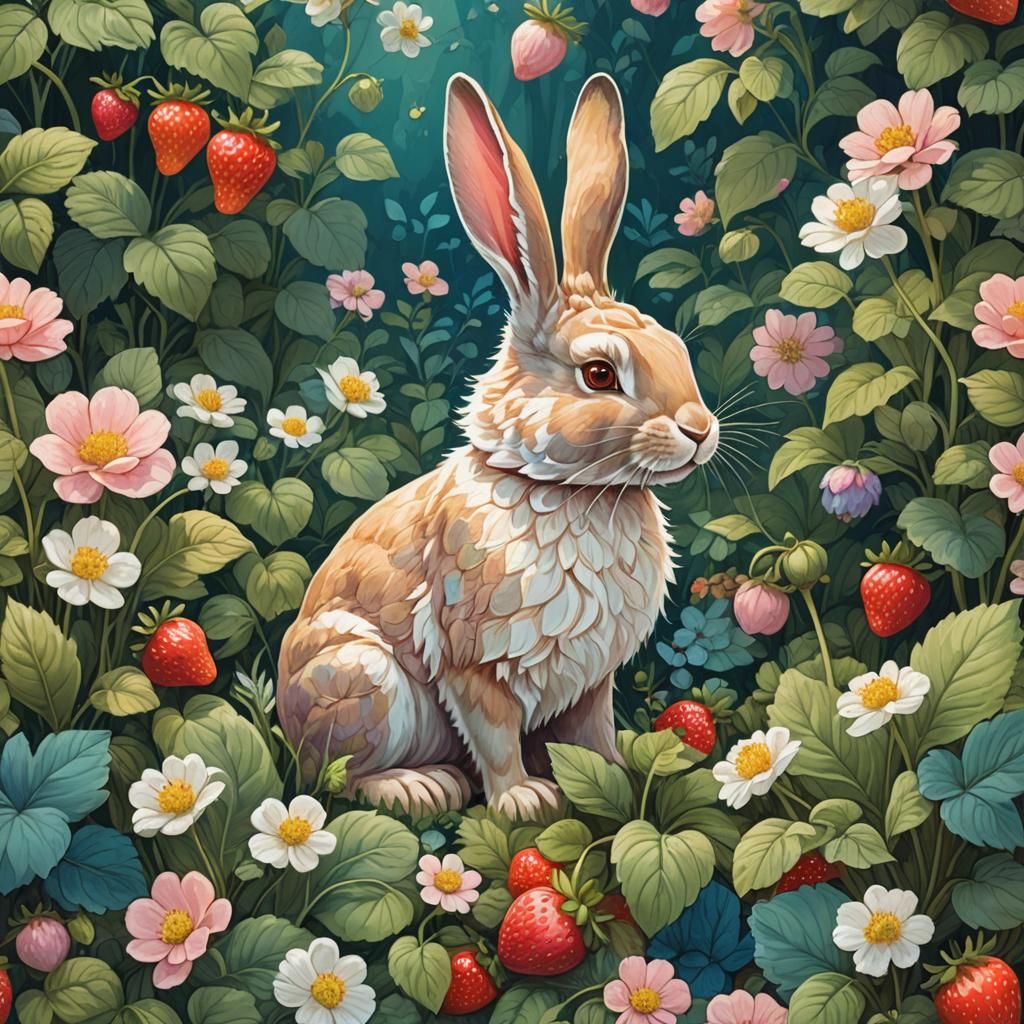 Rabbit in Lush Garden, Disney-esque Illustration