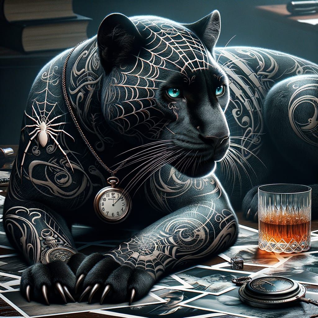 Panther with Gothic Tattoos in Detective's Office