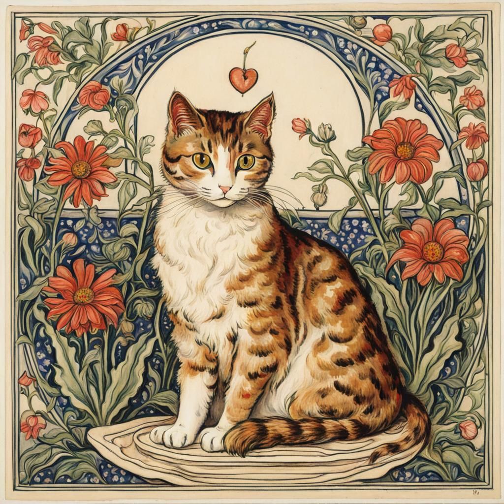 Cat on Pillow with Heart Lights in Arts & Crafts Style