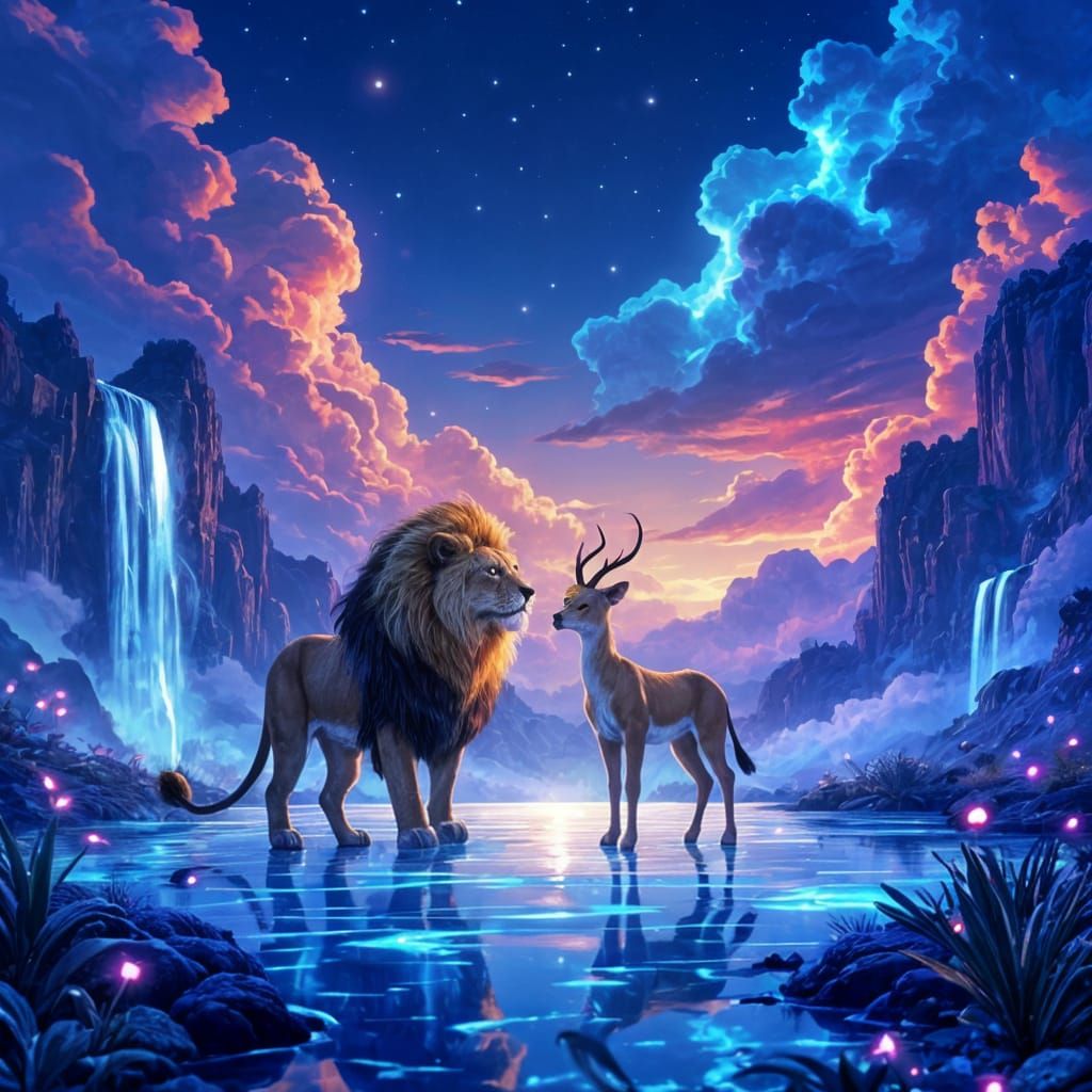 Lion and Gazelle in Harmony on Crystal Plateau