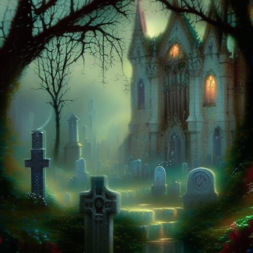 Ethereal gothic cemetery with Crypts and tombstones& hauntin...