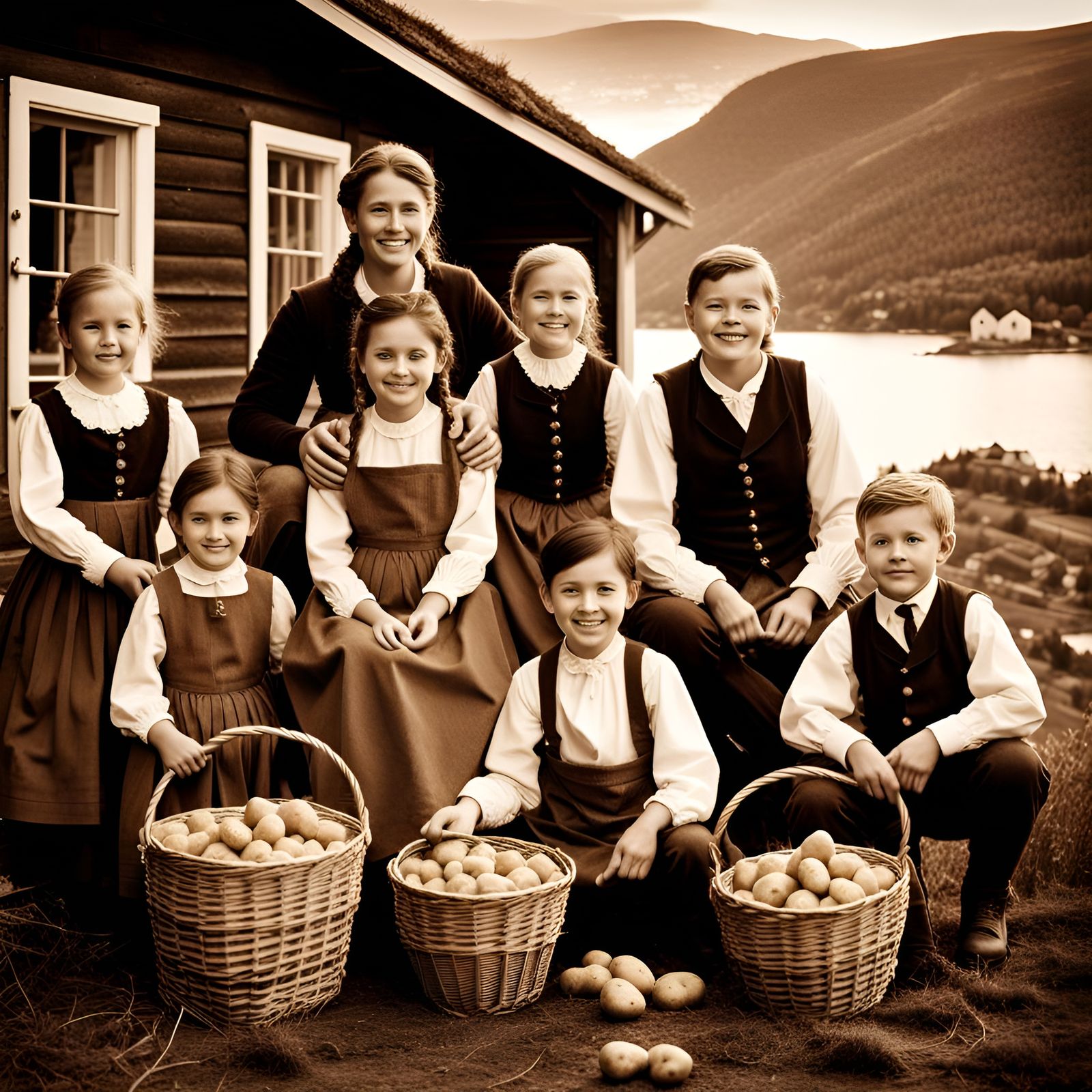 Norwegian Family Potato Harvest, 1800s Sepia Photo