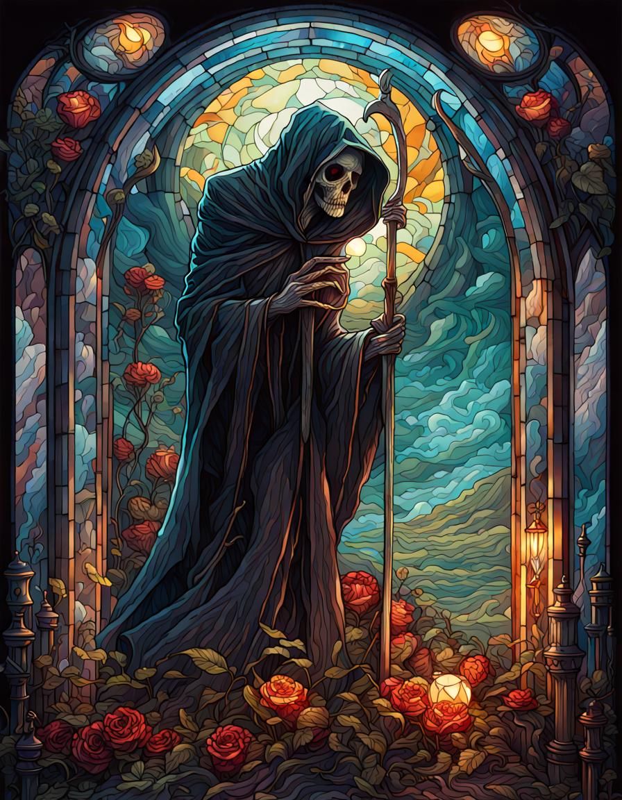 Stained Glass Grim Reaper Tarot Card