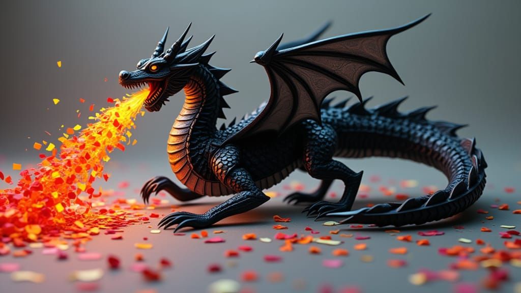 Origami Dragon Breathing Confetti in Surrealist Style