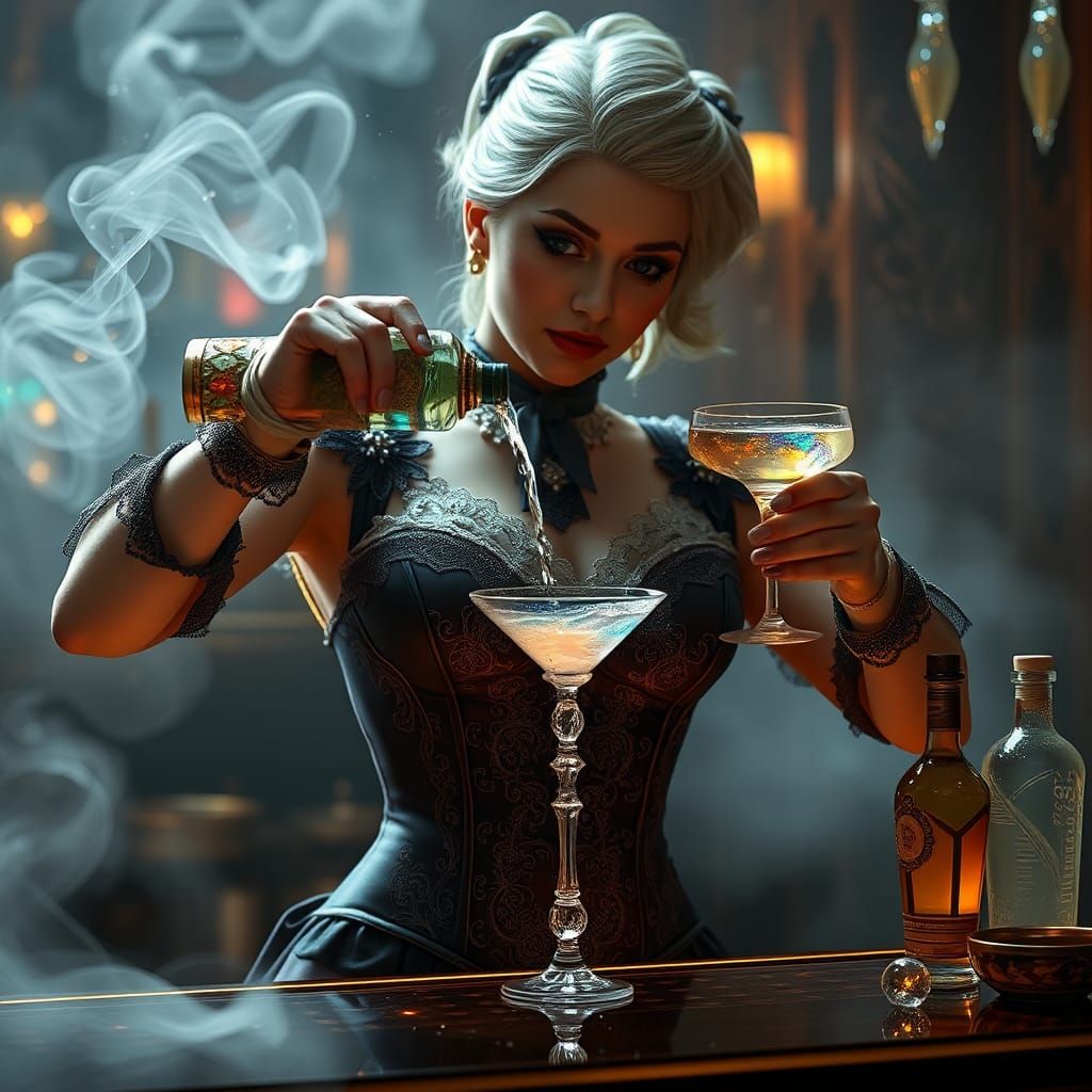 Alien Bartender Pours Iridescent Cocktail in Dreamlike Setti...
