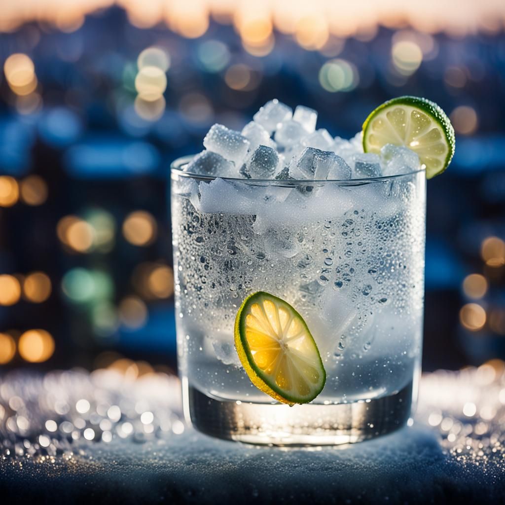 Icy Winter Cocktails on a Frosty Bar at Night