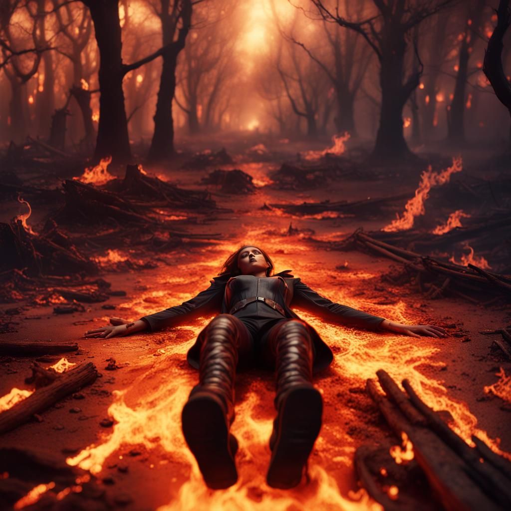 Ink Fire Envelops Fallen Figure: Detailed Matte Painting