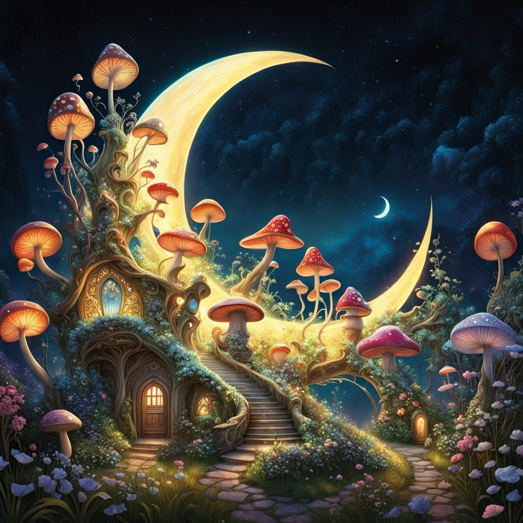 Whimsical Mushroom Abode Under Lunar Glow