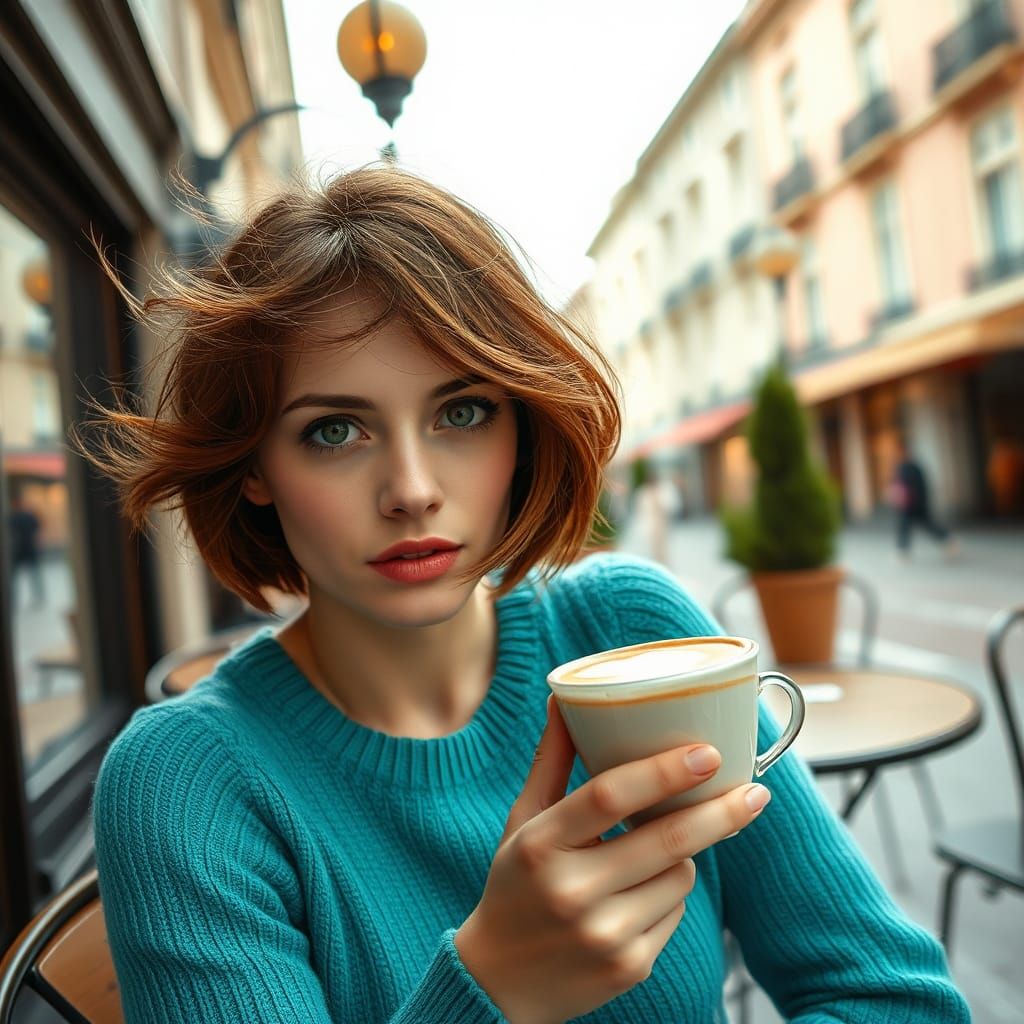 Auburn-Haired Woman Enjoying Latte in Art Nouveau Style