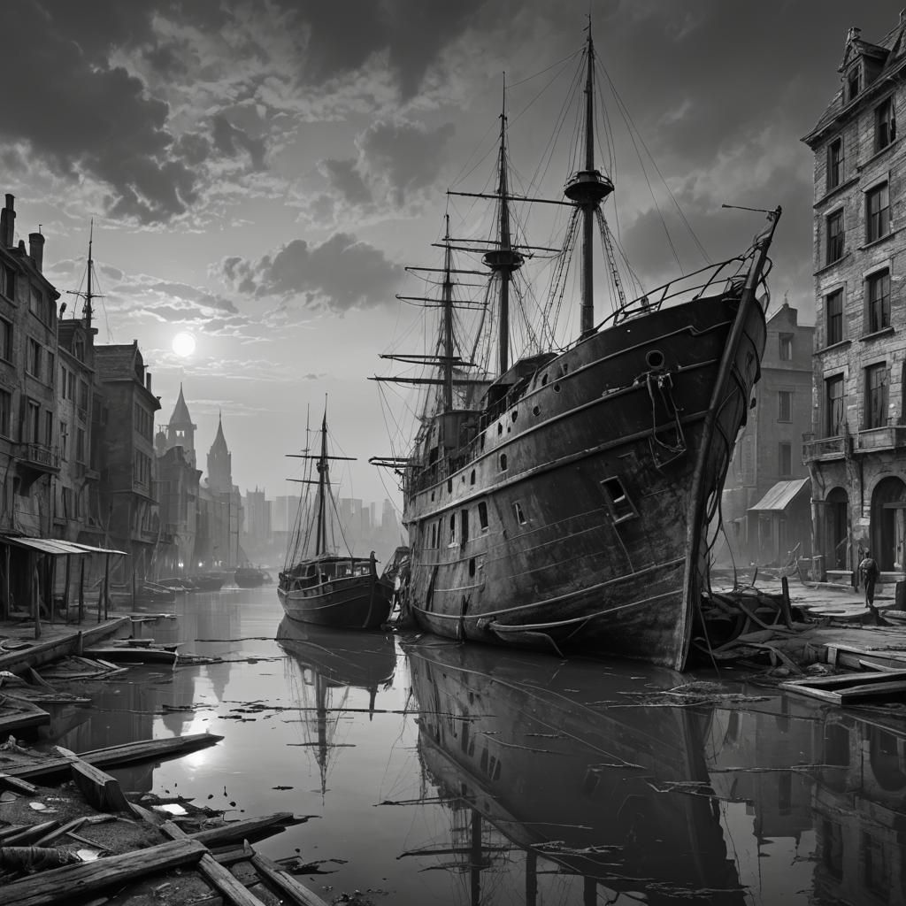 Abandoned Yacht in Harbor: Black and White Horror