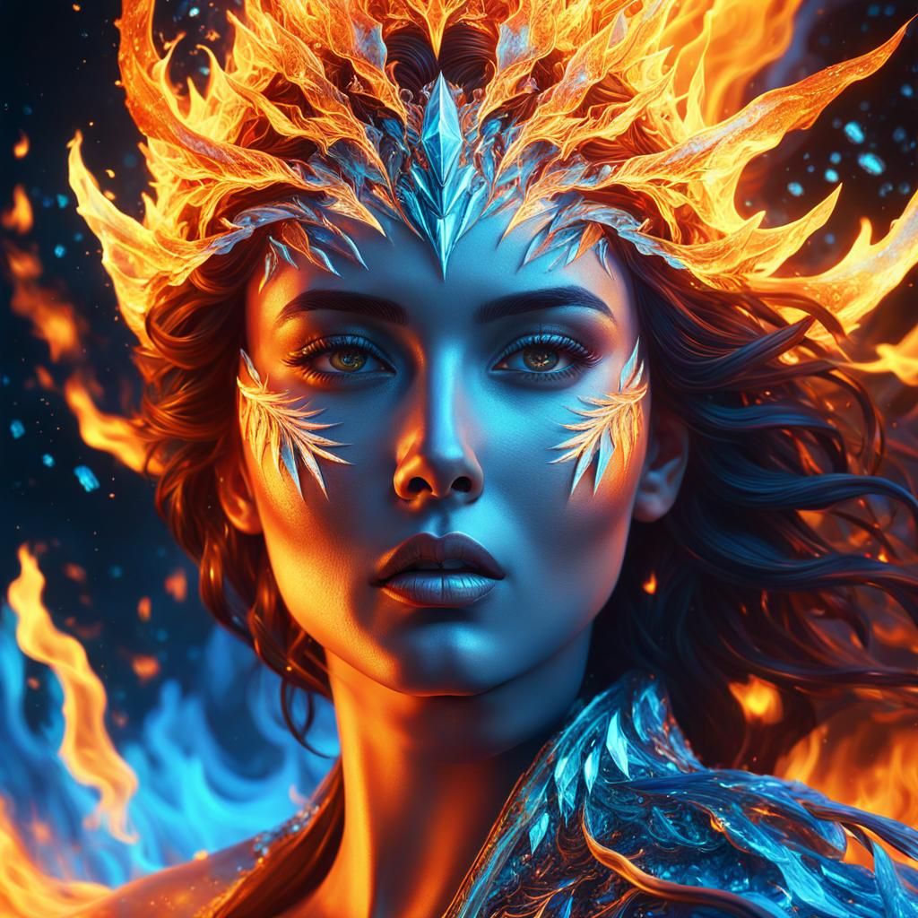 Fiery Ice Woman: Surreal Digital Art Portrait