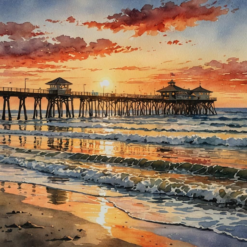 Sunset Over Ocean Beach Pier in Watercolors