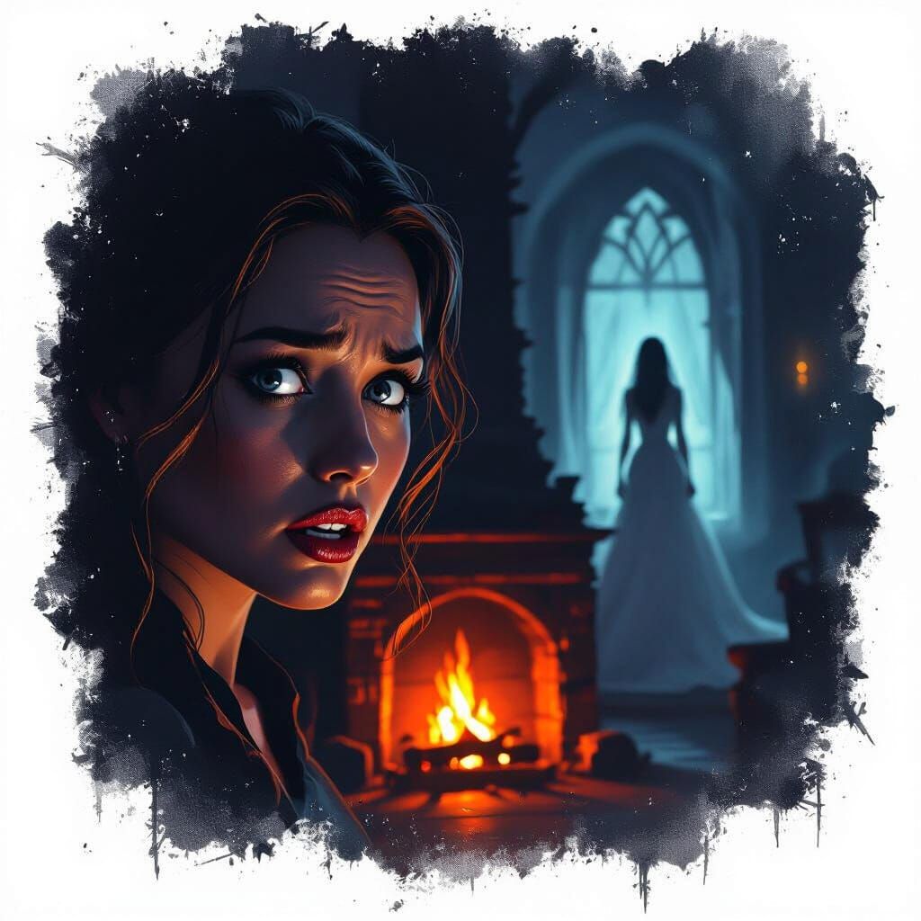 Horrified Faces Lit by Fireplace, Ghostly Bride Appears