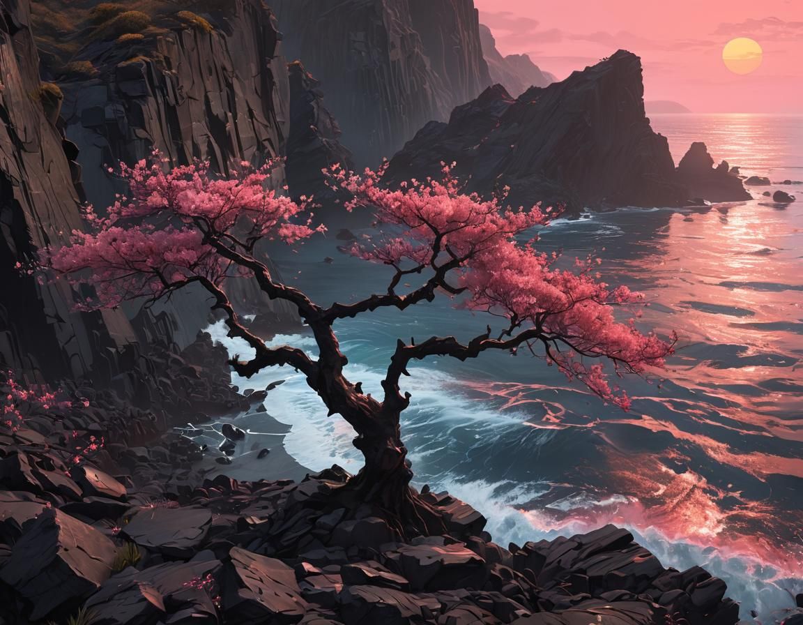 Sakura Tree in Lava Landscape: Luminist Oil Painting