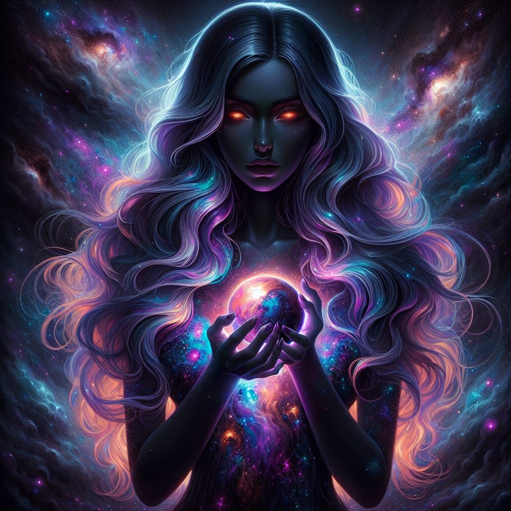 Ethereal Woman Creates Planet in Cosmic Dreamcore Style