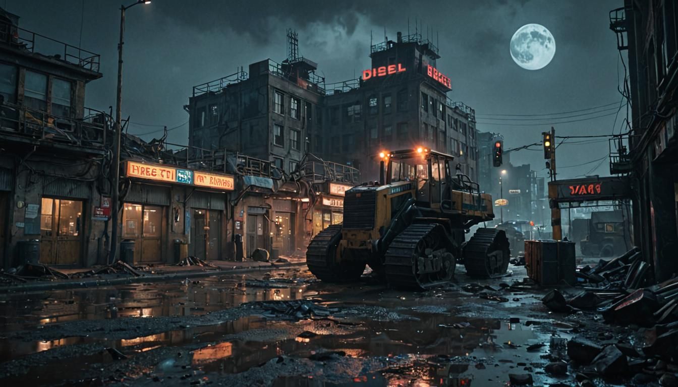 Dieselpunk Wasteland: Ruined Police Station at Night