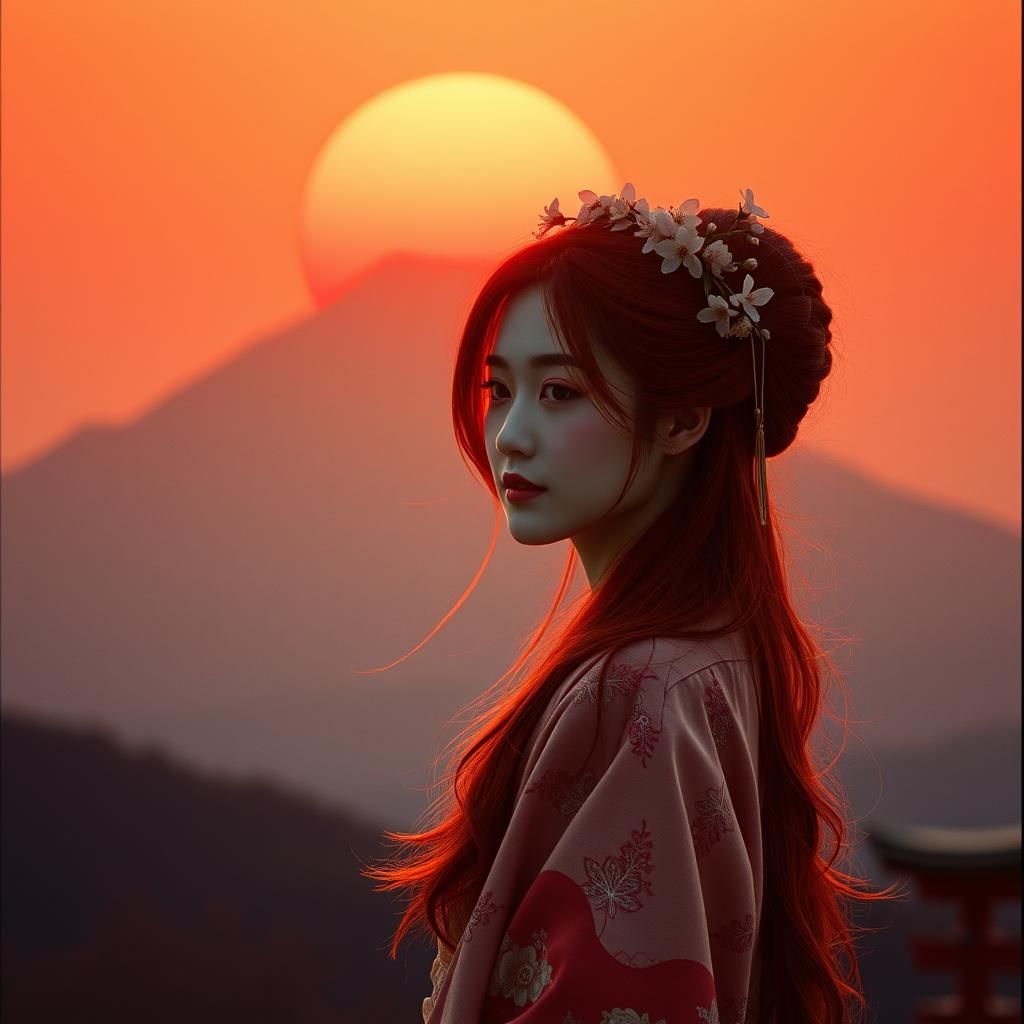 Japanese Maiden with Sakura Crown and Mount Fuji