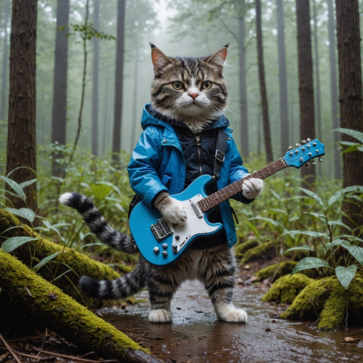 Cat Plays Guitar in Rainy Forest Scene