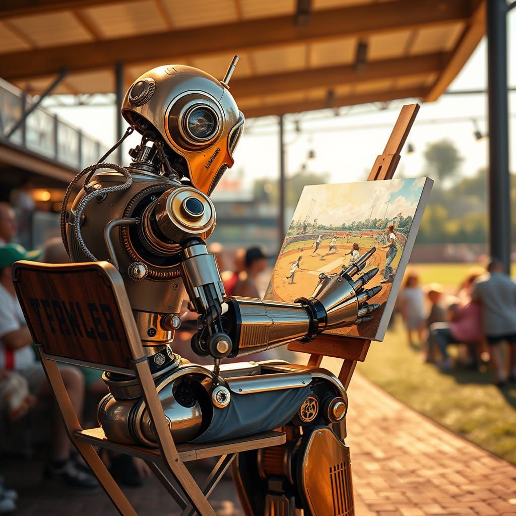 Vintage Robot Paints Baseball Scene in Norman Rockwell Style