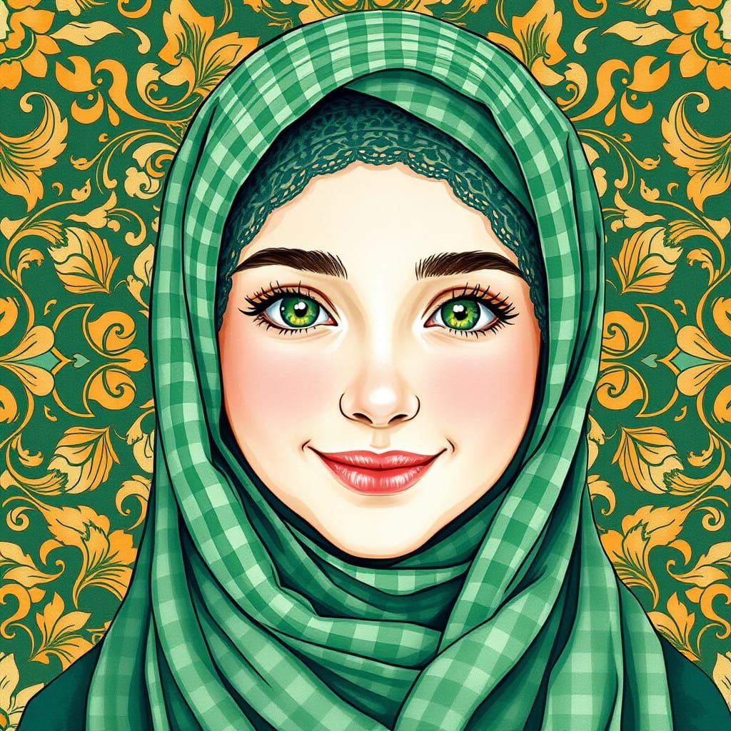 Whimsical Muslim Woman in Green Gingham Hijab