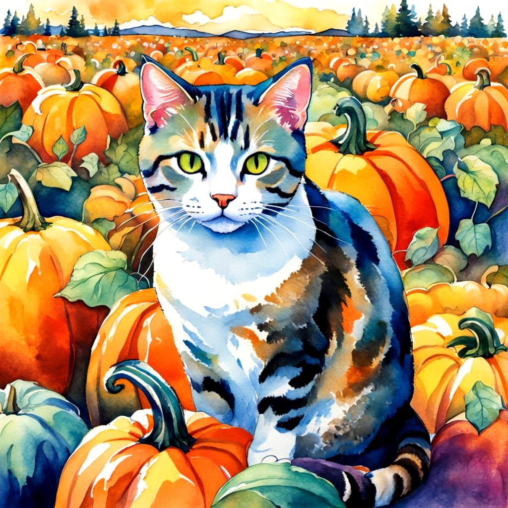 Cat in a Pumpkin Patch: Impressionistic Watercolor