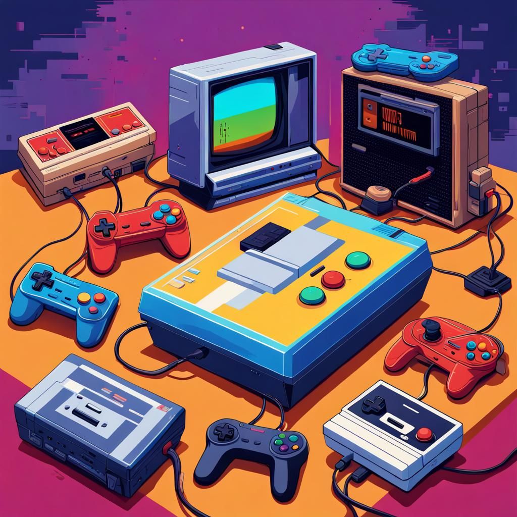 Retro Gaming Poster with Classic Consoles in Hyperrealistic ...