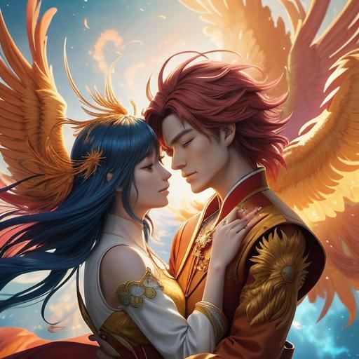 Lovers Embrace in Fiery Phoenix Dreamscape