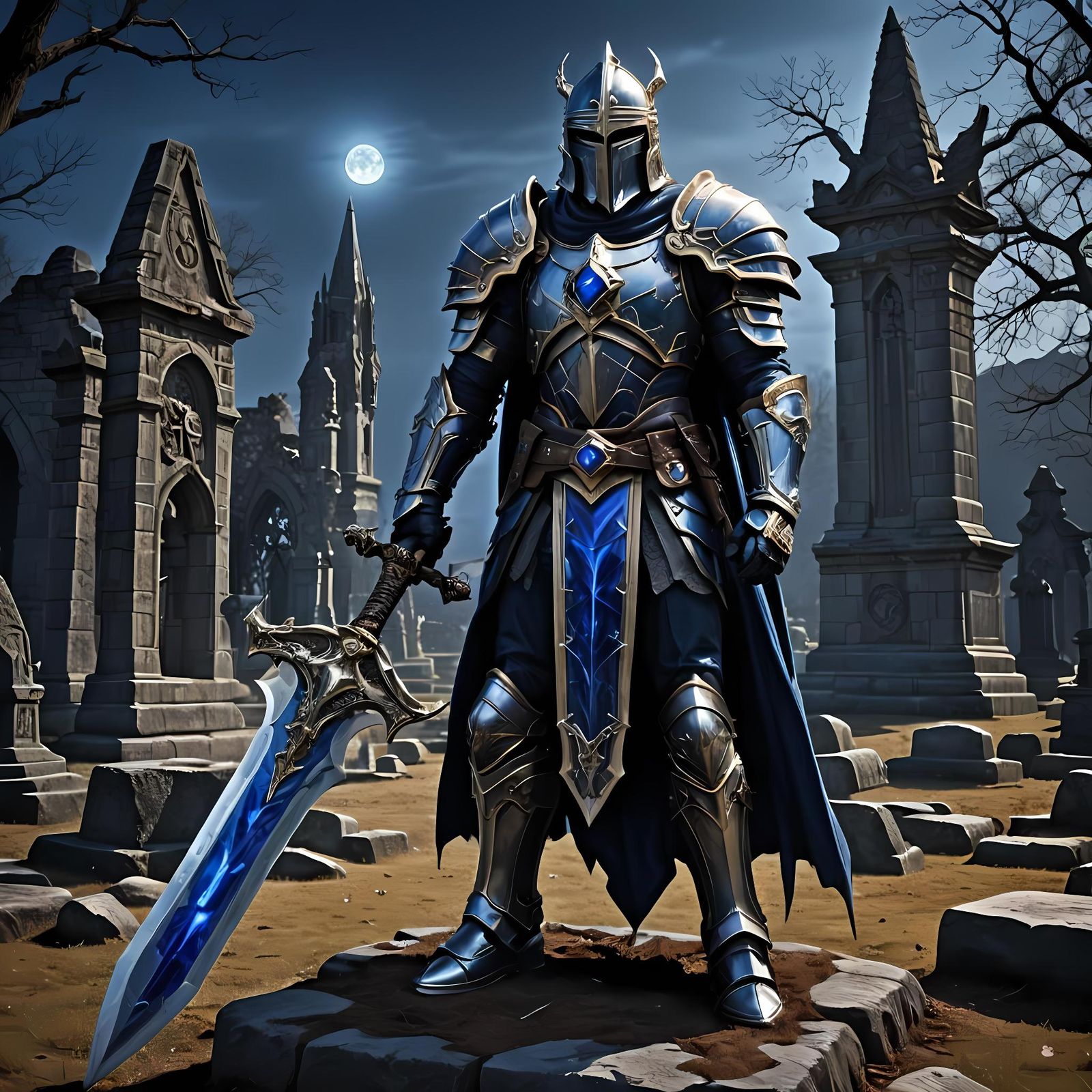 Sapphire Armored Paladin in Moonlit Graveyard