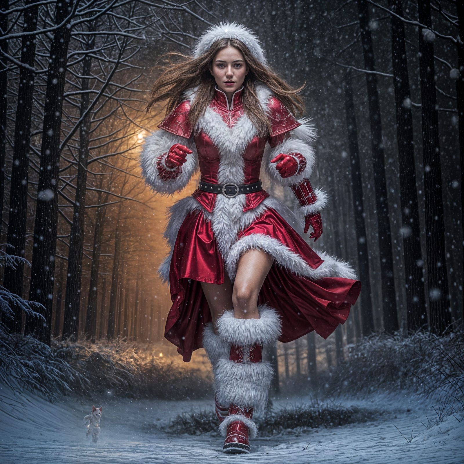 Hyperrealistic Winter Warrior in Shimmering Red Armor