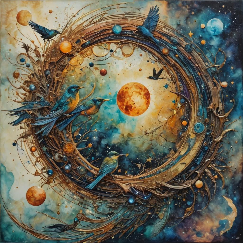 Celestial Birds in Surreal Retrofuturist Impressionism