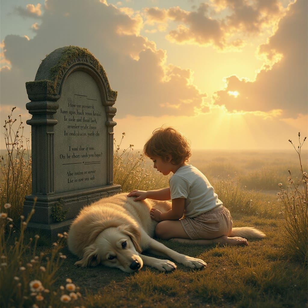 Sorrowful Child Beside a Weathered Grave in Dawn's Soft Ligh...