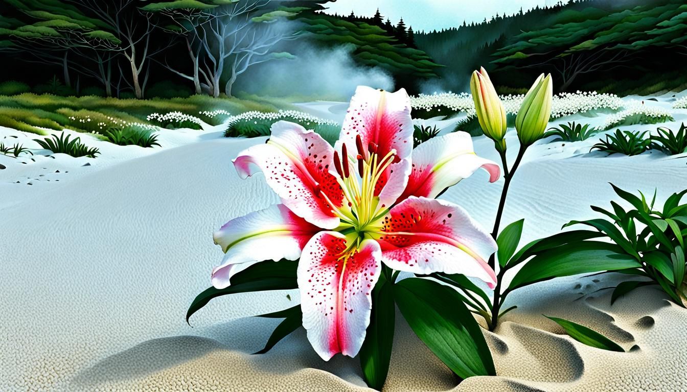 Lily Blooms Among Climbing Roses