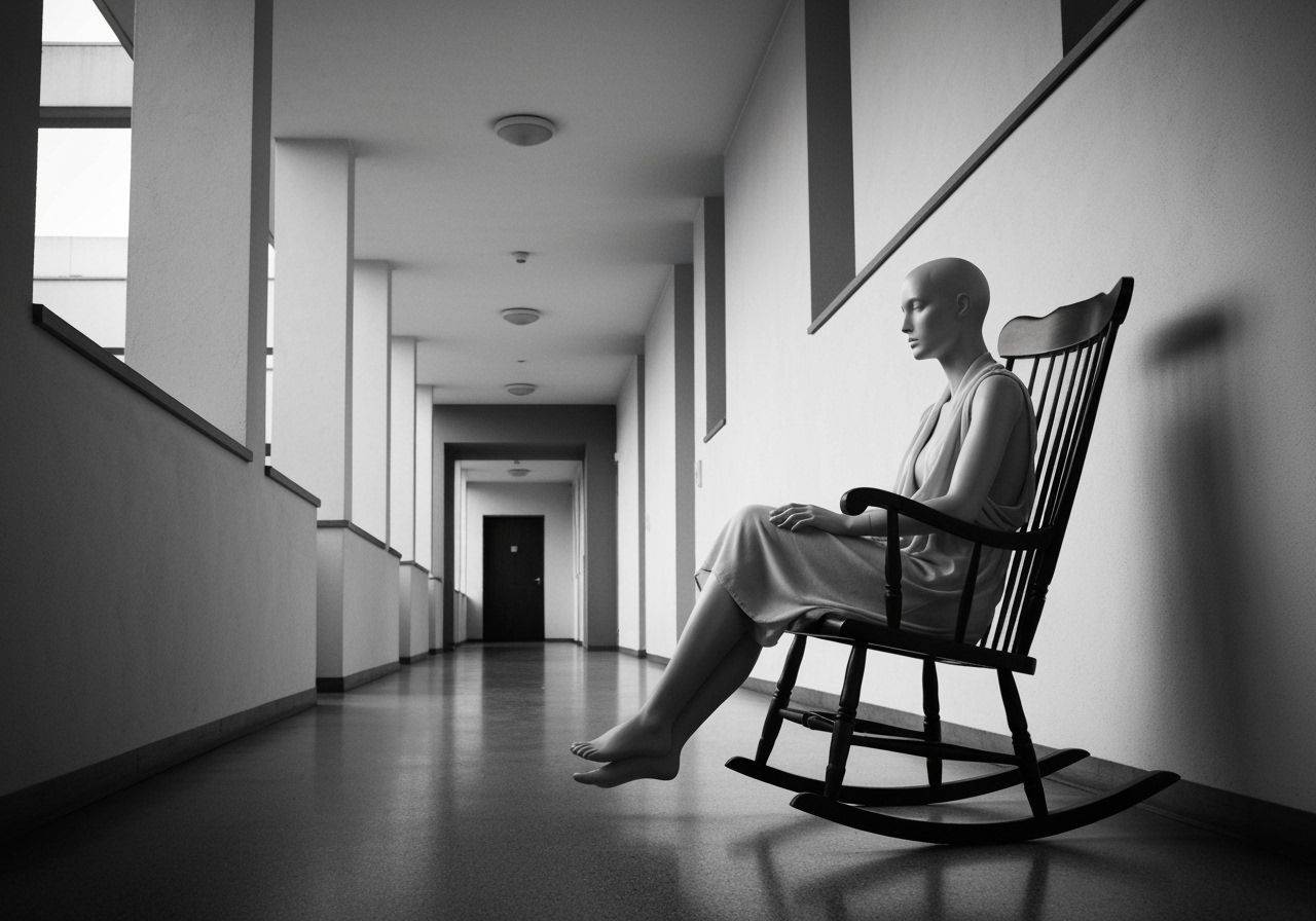 Monochrome Mannequin in Minimalist Hallway: Long Exposure Ar...