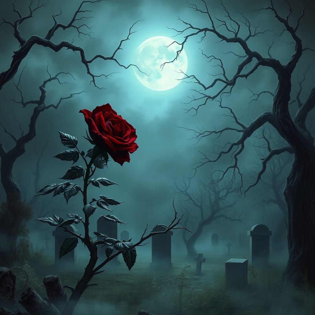 Dark Fantasy Rosebush in Moonlit Graveyard