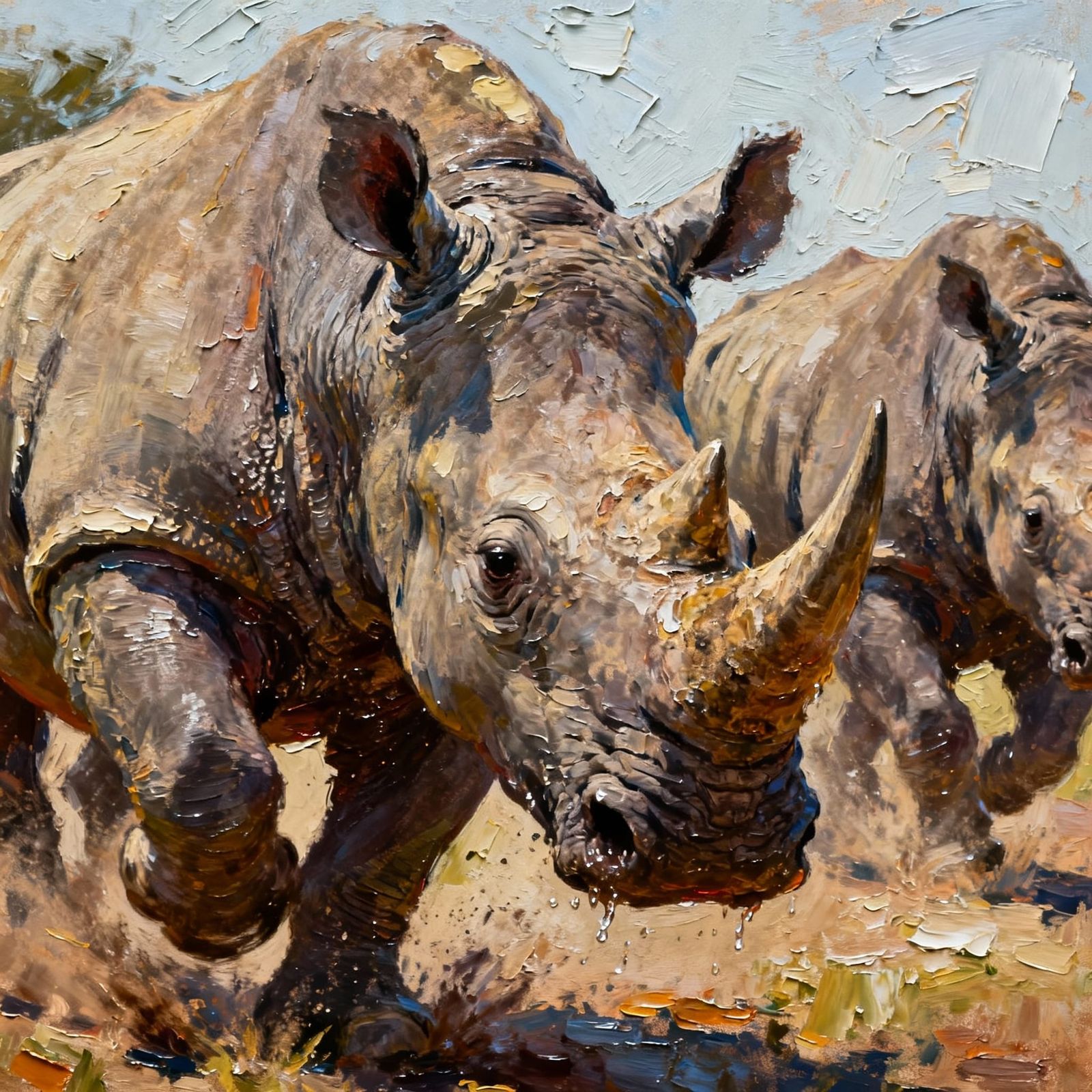 Rhinoceros Stampede Impasto Oil Painting