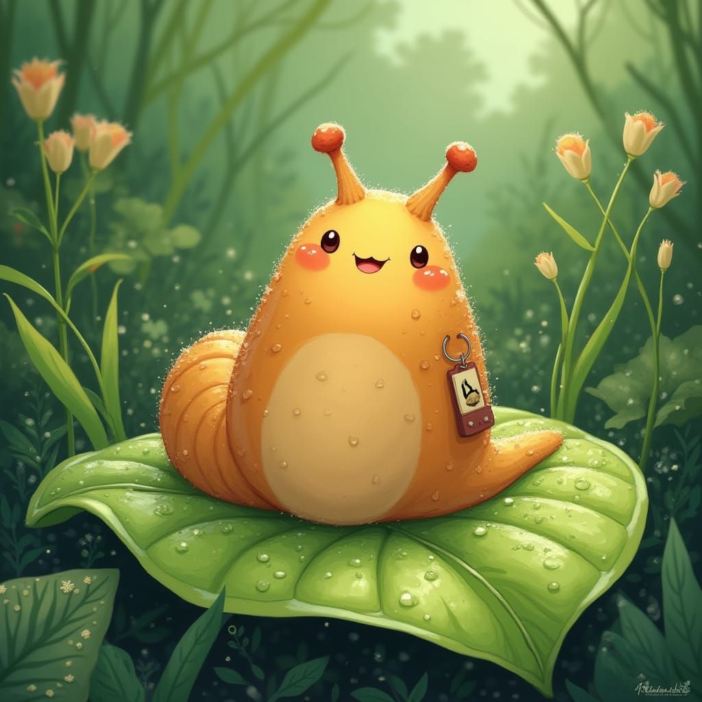 Chubby Slug Jakson on Dewy Leaf in Whimsical Comic Book Styl...