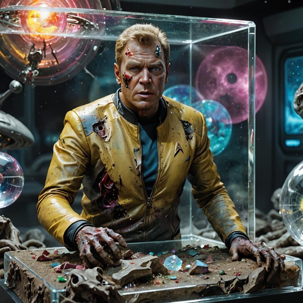 Zombie Captain Kirk in Crystal Cube, Hyperrealistic 3D